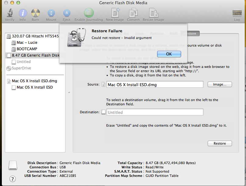 Restore mac os bằng USB 8gb gặp lỗi lạ !!! Cần giúp !