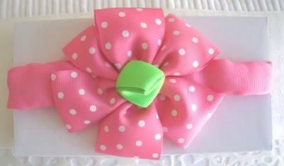 PinkHeadbandwithPinkandWhitePolkaDotFlowerandGreencenter.jpg