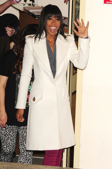 Kelly Rowland rocked the gorgeous coat at Fountain Studios during the 