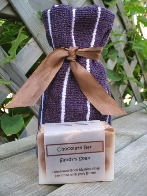 Chocolate Body Washing Soap<br>Purple and White Striped Wash Cloth