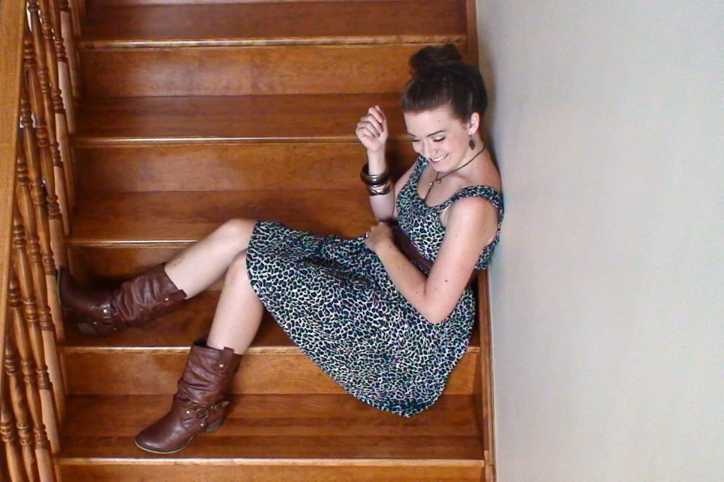 la posh style boots,forever 21 bracelets,terri chaffey necklace and earrings,thrifted dress swapped with maegan