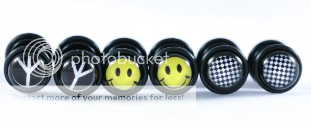 16g Smiley Face Checkered Peace Sign Fake Cheater Ear Plugs Earrings Look 0g 8mm