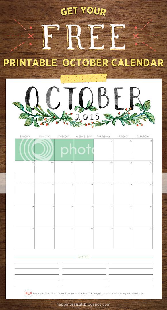 Happiness is... October 2015 Free Printable Calendar and Planner - watercolour hand lettering and botanical illustration