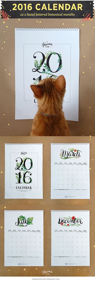 the Happiness is... 2016 Hand Lettered Calendar with botanical illustrations