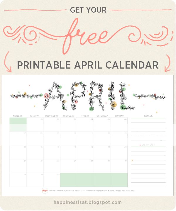 Happiness is... Botanical lettering illustration for the April 2014 free printable calendar planner
