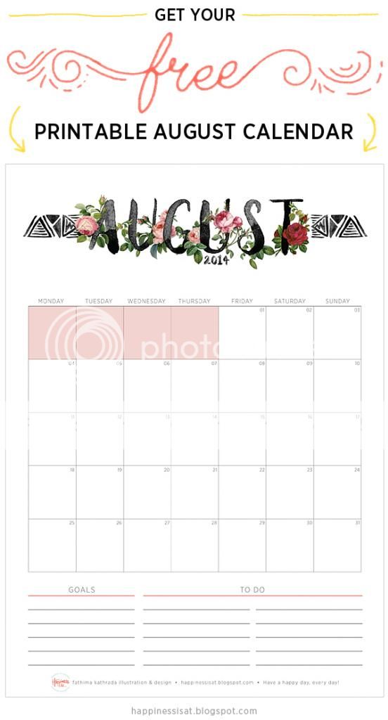 Happiness is... free printable August calendar and planner 2014